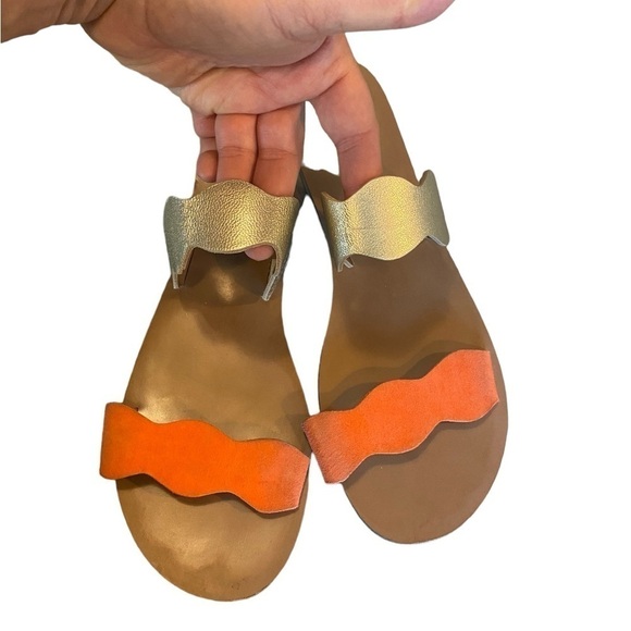 J.Crew Scalloped gold Metallic and orange Leather Sandals slides - Picture 4 of 10